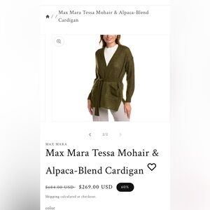 MaxMara Tessa Mohair & Alpaca-Blend Open Front Tie Waist Cardigan Olive Green XS